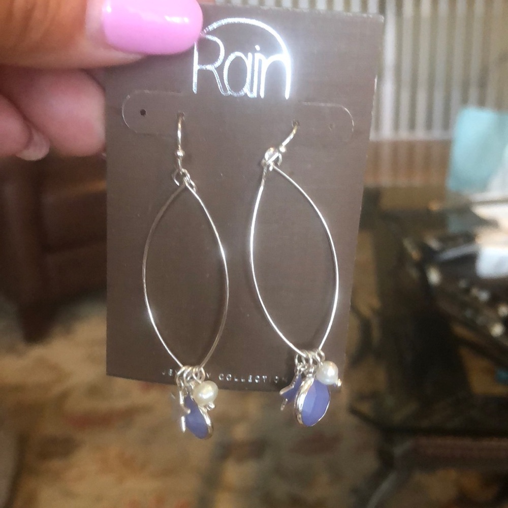 NWT RAIN wire earrings. Silver with sky blue accent.